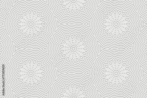 Embossed white background, ethnic cover design. Geometric elegant 3D pattern, handmade, doodling, boho. Vintage exoticism of the East, Asia, India, Mexico, Aztec, Peru.