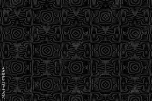 Embossed black background, ethnic cover design. Geometric abstract 3D pattern, handmade, doodling, boho. Vintage exoticism of the East, Asia, India, Mexico, Aztec, Peru.