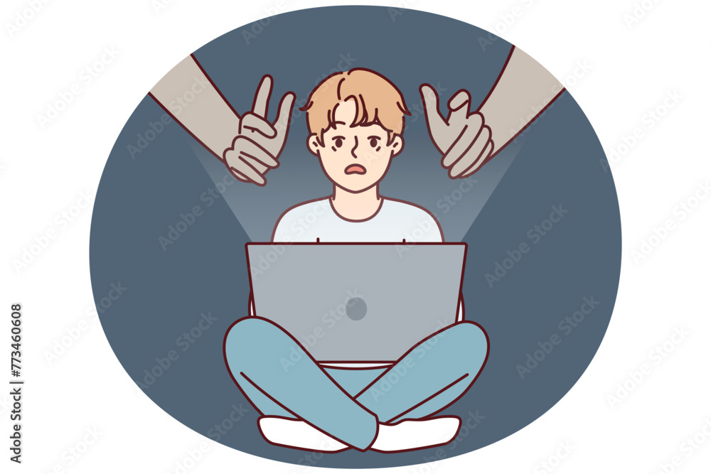 Giant hands reaching out to teenage boy using laptop with internet without parental control. concept of danger of using gadgets by children due to possibility of identity theft - obrazy, fototapety, plakaty 