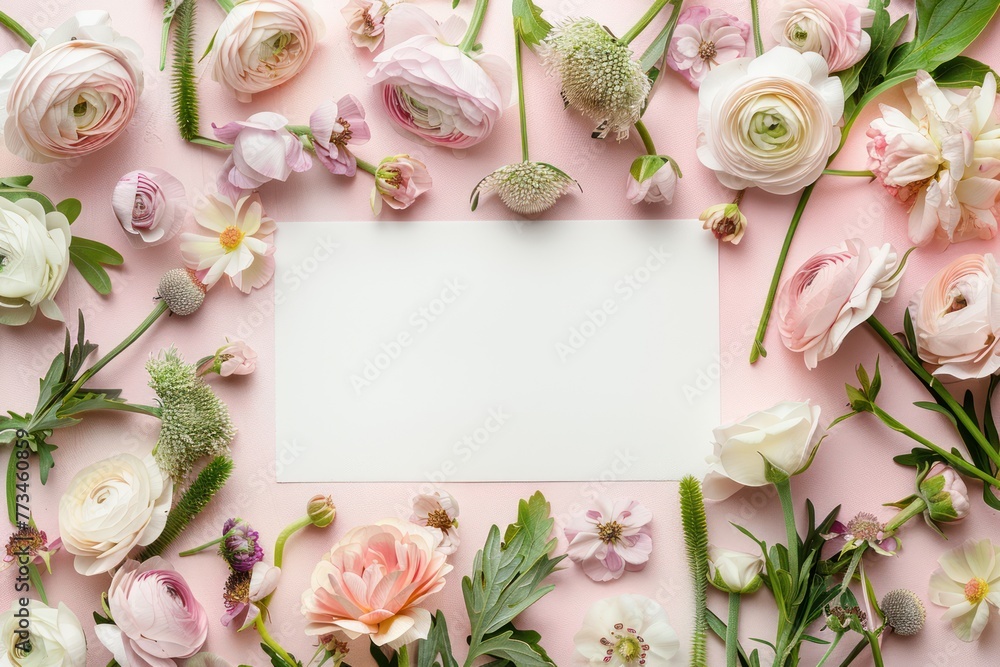 Background with a frame surrounded by flowers. Mothers Day. Illustration for poster, brochures, booklets, promotional materials, website