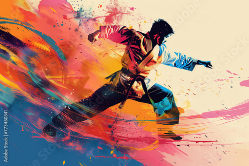 Modern mix martial art colorful illustration design, MMA digital portraits, eye catching surreal wrestling boxing people surround by vibrant abstract colors, Art painting of karate, fighting warriors photo