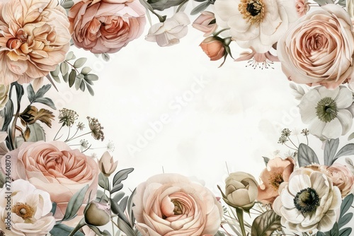 Background with a frame surrounded by flowers. Mothers Day. Illustration for poster, brochures, booklets, promotional materials, website