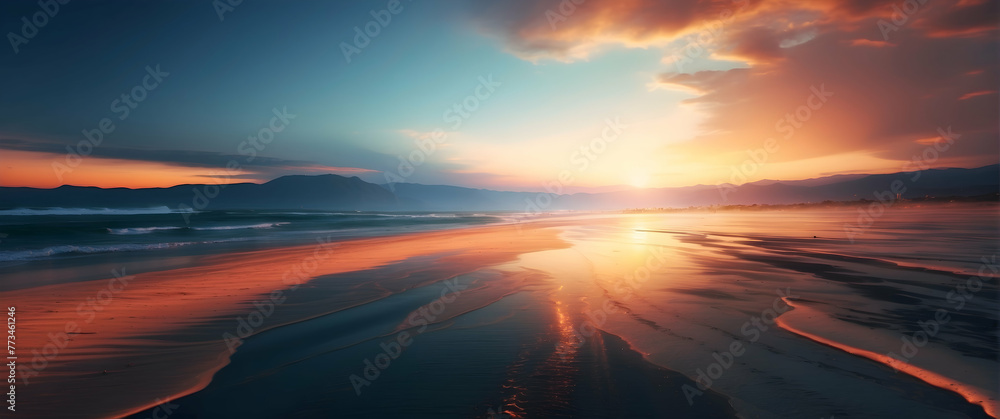 The sun sets casting a warm glow over the calm beach, with waves gently lapping the shore and mountains in distance - obrazy, fototapety, plakaty 