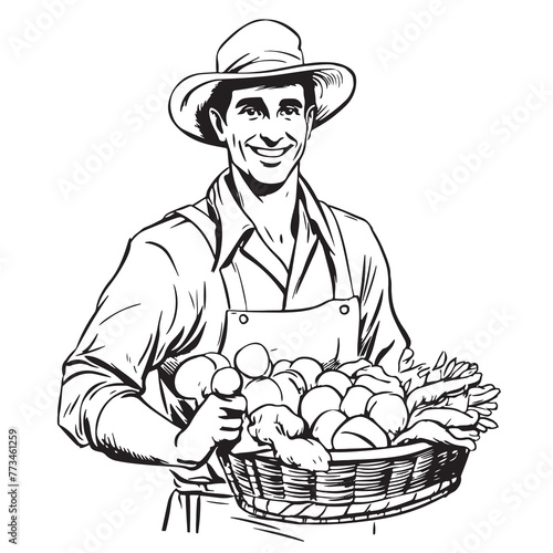 Hand-drawn sketch happy farmer. Farming, agriculture vintage vector illustration