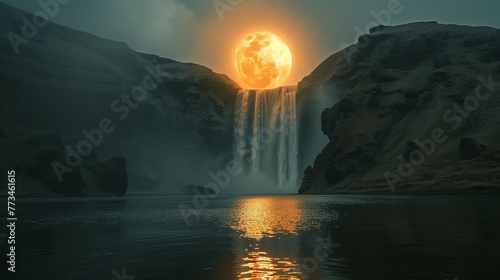 big orange full moon shining over waterfall. 