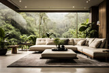 Transport viewers to a modern living room surrounded by a dense rainforest, where raindrops create a soothing soundtrack against the backdrop of lush greenery.
