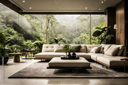 Transport viewers to a modern living room surrounded by a dense rainforest, where raindrops create a soothing soundtrack against the backdrop of lush greenery. 