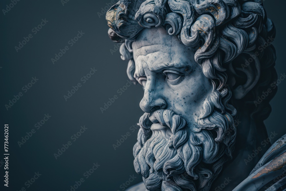 Surreal 3D illustration of an ancient Greek statue made of black marble with gold details. Contemporary art in digital format