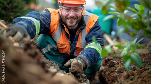 Smiling American Worker Mixing Cement in Outdoor Trench for Pipe Planting Work