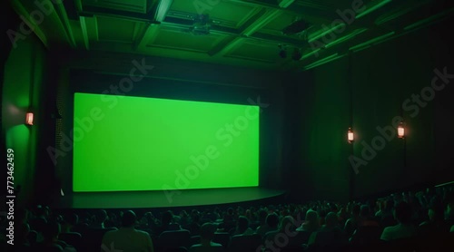 Cinematic Engagement: Captivated Audience in a Movie Theater Watching a Blockbuster on a Green Screen
