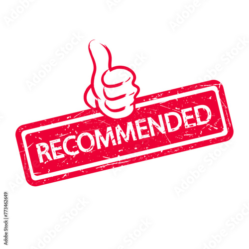 recommended red grunge rectangular vintage rubber stamp. hand with thumb up. imprint, print template. Stock vector illustration