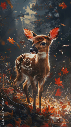 Autumnal scene with a cute baby deer - A whimsical representation of a fawn in a forest depicting the beauty of wildlife amid fall foliage photo