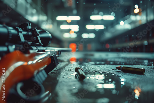 Close-up of a sniper rifle with scope on wet surface