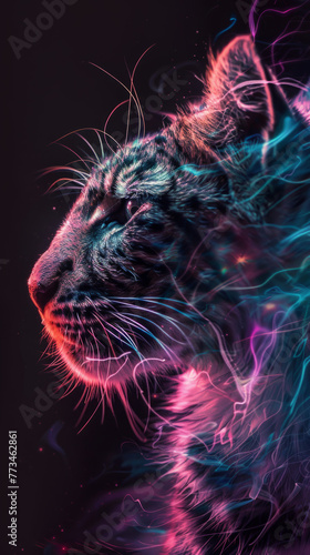 Neon glow artistic cat portrait - A captivating neon glow brings a futuristic and mystical element to this close-up portrait of a cat