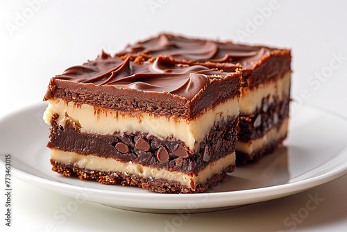 Delicious chocolate cake on plate on table on light background