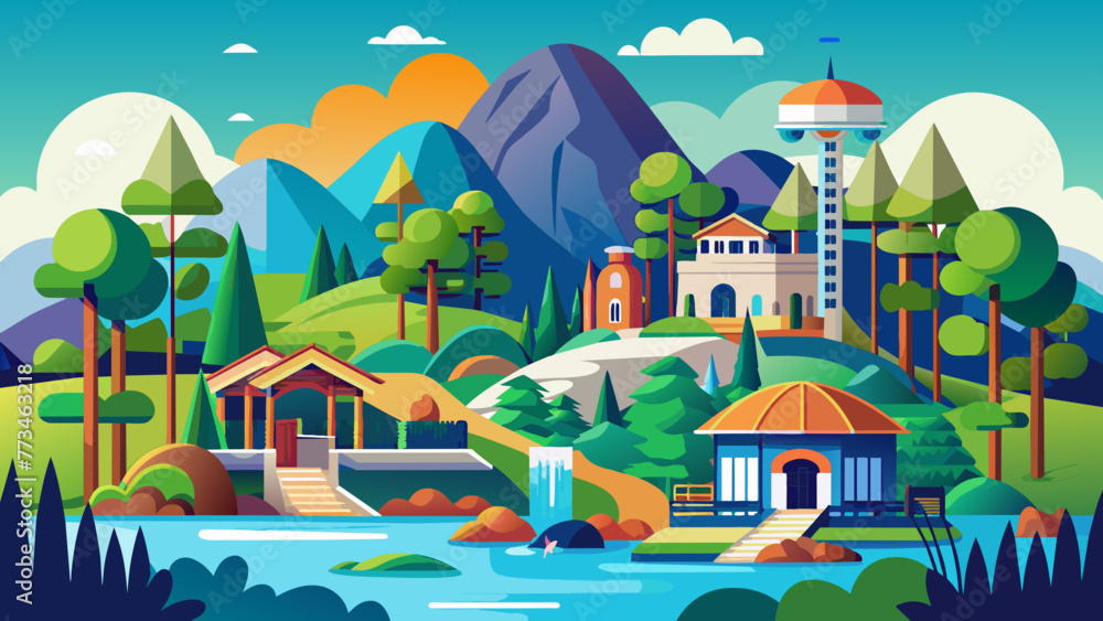landscape-of-a-tourist-park-with-houses background vector 