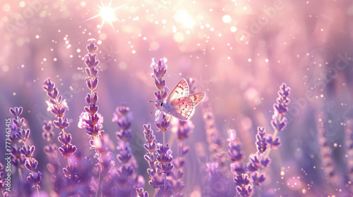 Ethereal Butterfly Dance: Lavender Flowers, Mist, and Sunlight in Dreamy Garden. Background