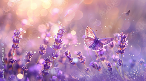 Ethereal Butterfly Dance: Lavender Flowers, Mist, and Sunlight in Dreamy Garden. Background © AndyPhoton