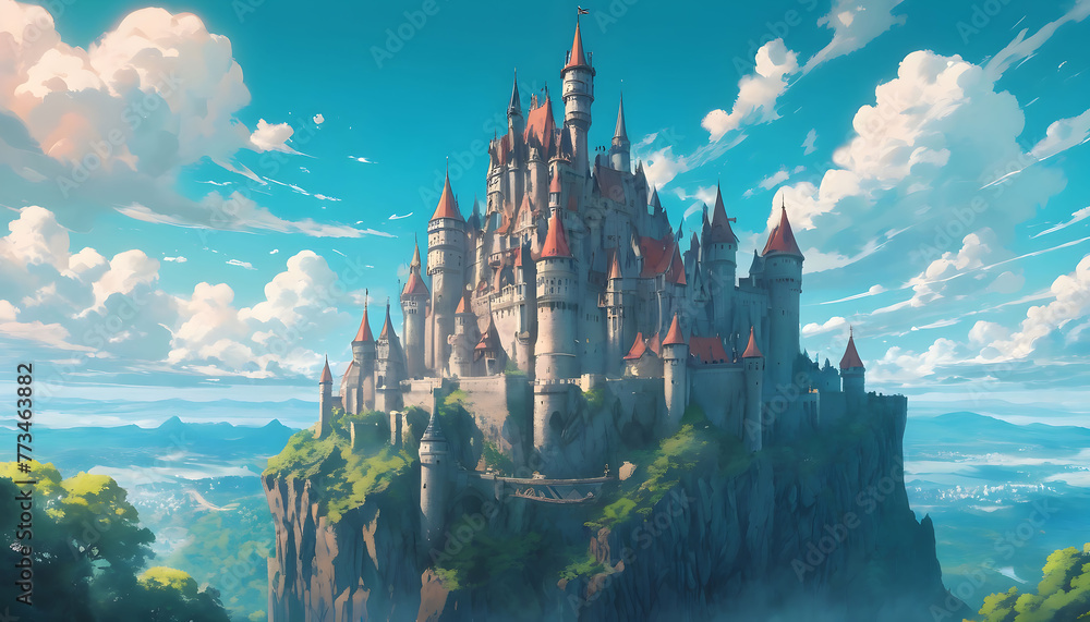 a castle in the sky, featured on pixiv, fantasy art, concept art, official art, high detailed - obrazy, fototapety, plakaty 