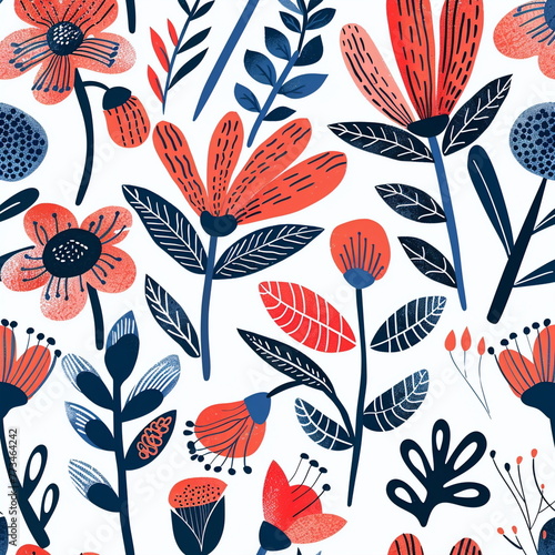 Vintage Scandinavian style red and blue flowers