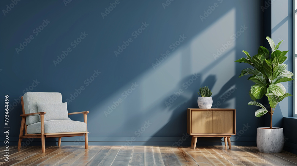 Modern Living Space with Blue Armchair and Mid-Century Cabinet Modern Living Space with Blue Armchair and Mid-Century Cabinet