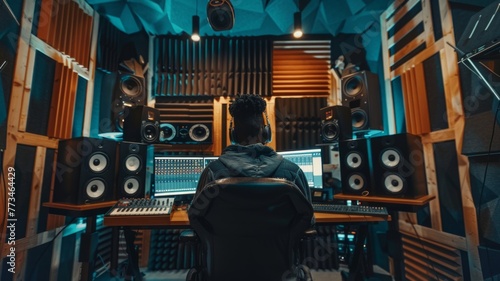 Music producer working in a modern studio - A music producer is seen from behind focusing on producing music with advanced studio equipment and sound system photo