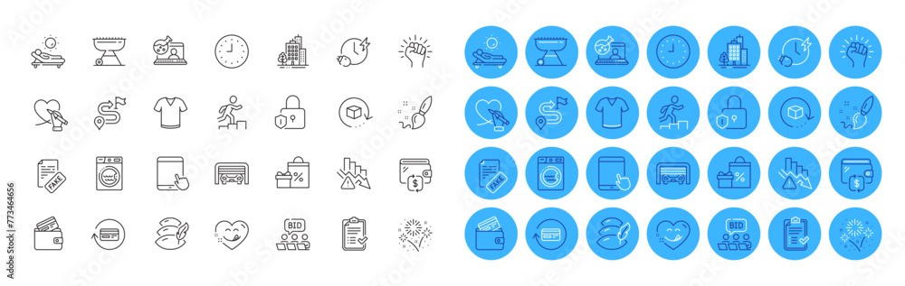 Fireworks, Journey and Laundry line icons pack. Parking garage, Fake news, Clock web icon. Social care, Wallet, Grill pictogram. Charging time, Shopping, Deflation. Approved checklist. Vector Fireworks, Journey and Laundry line icons pack. Parking garage, Fake news, Clock web icon. Social care, Wallet, Grill pictogram. Charging time, Shopping, Deflation. Approved checklist. Vector