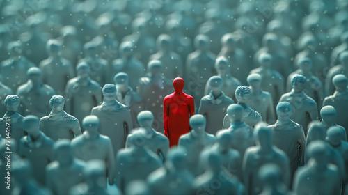 Red Individual among Blue Figures Symbolizing Uniqueness and Leadership photo
