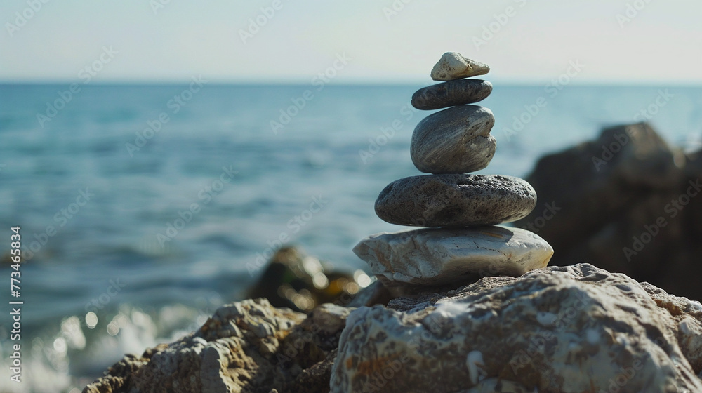 front view of a stone balance, nature background with copy space for text. Summer vacation concept. Lifestyle image. For design, commercial, banner, advertisement, shop, cover, thumbnail, youtube front view of a stone balance, nature background with copy space for text. Summer vacation concept. Lifestyle image. For design, commercial, banner, advertisement, shop, cover, thumbnail, youtube