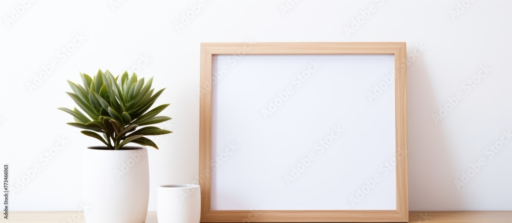 A plant in a elegant white vase placed beside a stylish picture frame on a table A plant in a elegant white vase placed beside a stylish picture frame on a table