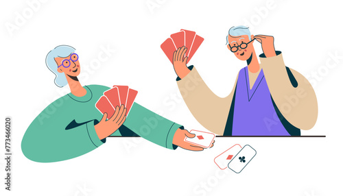 Happy senior couples playing card games. Older men and women spending time together, playing bridge or poker