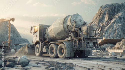A heavy-duty concrete mixer for mixing and pouring concrete on construction sites photo
