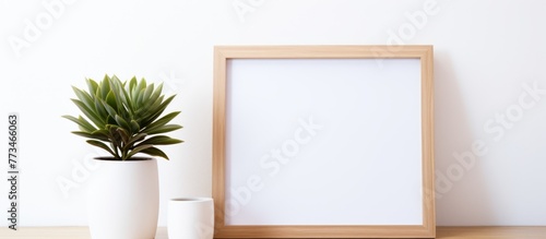 A plant in a elegant white vase placed beside a stylish picture frame on a table