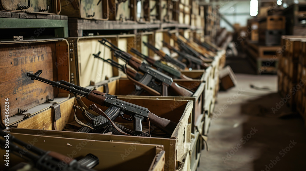 Weapon and army equipment in warehouse, wooden boxes with machine guns in storage, illegal smuggle arsenal. Concept of war, store, military industry, violence