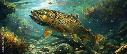 Trout swims underwater in river, view of wild fish in freshwater, sky and mountain. Concept of salmon, wildlife, under water, fresh, stream, nature