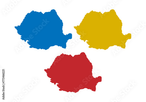 Mapa azul, amarillo y rojo de Rumania en fondo blanco.