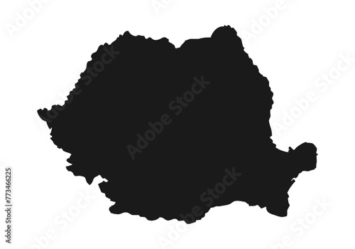 Mapa negro de Rumania en fondo blanco.