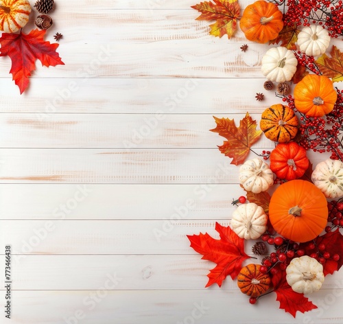 Autumn Display of Pumpkins  Fall Leaves  and Berries on a Rustic White Wooden Table Background  Copy Space