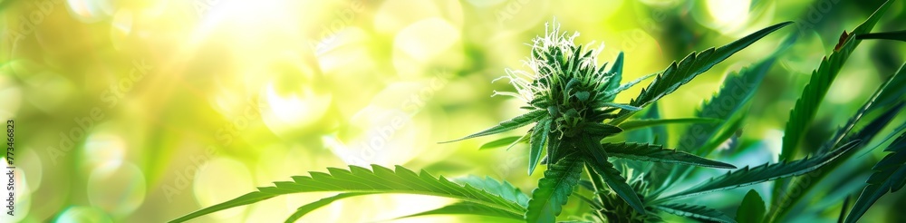 a cannabis plant with leaves and buds on a green background, banner design Generative AI - obrazy, fototapety, plakaty 