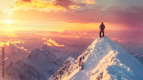 a man climbs to the top of a snowy mountain on a sunny morning.AI generated image © Daisha