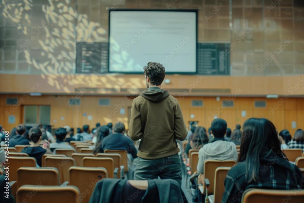 A man standing confidently in front of a diverse crowd. Perfect for business presentations or leadership concepts A man standing confidently in front of a diverse crowd. Perfect for business presentations or leadership concepts