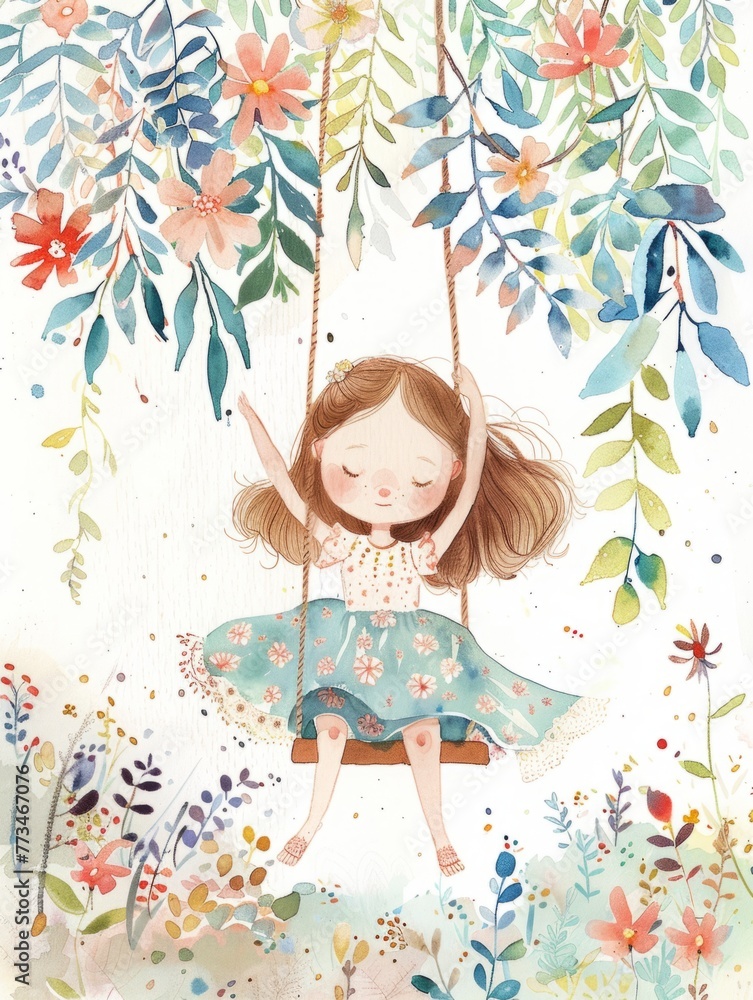 Child swinging under flower branches - Whimsical illustration of a child on a swing amidst a burst of colorful flowers and foliage Child swinging under flower branches - Whimsical illustration of a child on a swing amidst a burst of colorful flowers and foliage