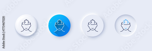 Mental conundrum line icon. Neumorphic, Blue gradient, 3d pin buttons. Psychology therapy sign. Brain puzzle symbol. Line icons. Neumorphic buttons with outline signs. Vector