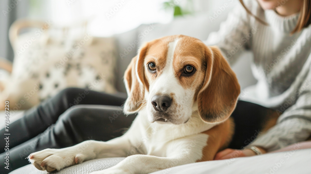 Woman Petting Beagle Dog: Close-Up Affection in Living Room Woman Petting Beagle Dog: Close-Up Affection in Living Room