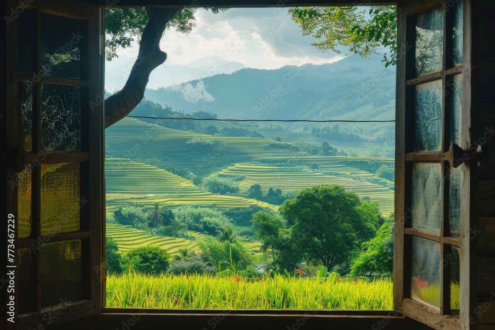 Fototapeta premium A serene valley view through an open window. Suitable for home decor or travel brochures
