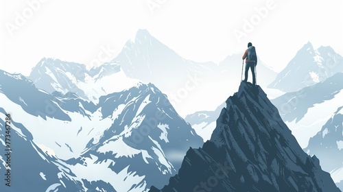 An vector illustration of a hiker standing on the peak, surrounded by snow capped mountains