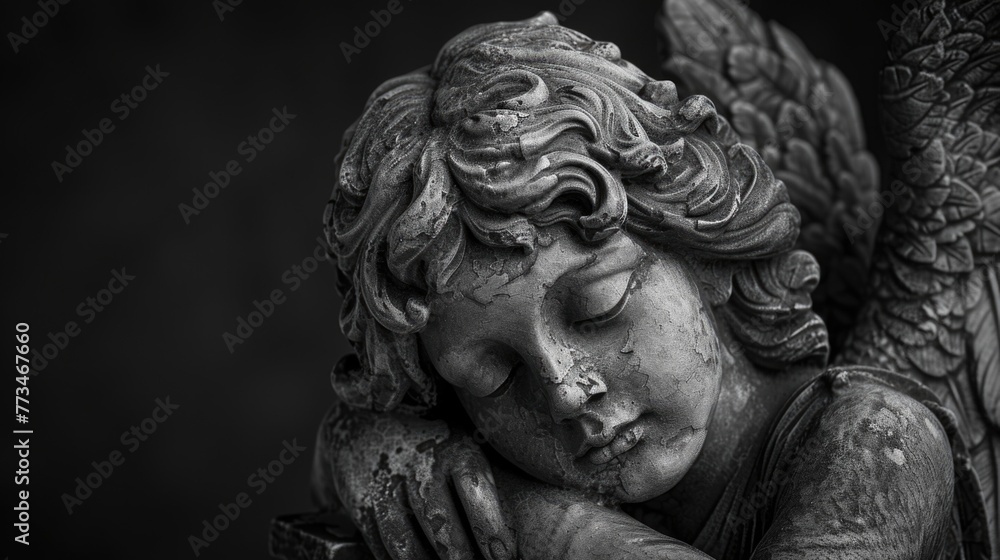 Black and white photo of an angel statue, suitable for various projects