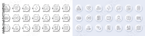 Notification, Renew card and Rotation gesture line icons. White pin 3d buttons, chat bubbles icons. Pack of Report document, Website search, Headshot icon. Vector