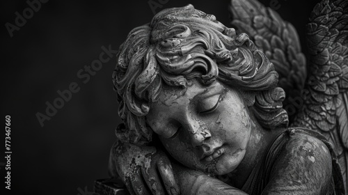 Black and white photo of an angel statue, suitable for various projects
