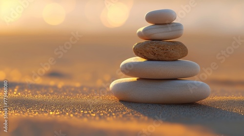Tranquil Zen Stones  Embodying Serene Meditation Concept  Harmony in Nature  and Sunset Pebble Stack  Inviting Mindfulness and Peaceful Sandy Beach Calm.